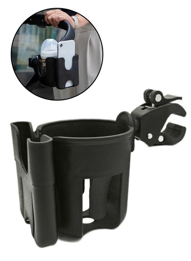 Universal Cup and Phone Stroller Holder, 2 in 1 Clip On Drink Mount with 360° Rotation for Stroller, Bike, Wheelchair, Walker, Scooter and Bicycle, Pram Drink Bottle Storage Rack, Black - Image 1